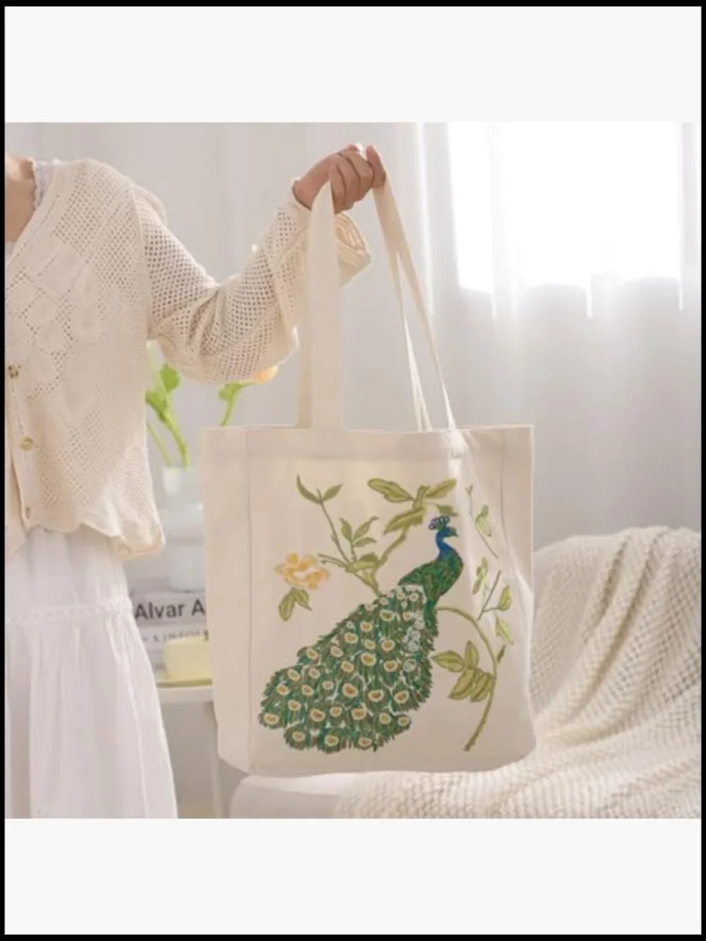 Embroidered Canvas Tote Bag Large Reusable Shopping Shoulder Gym Grocery